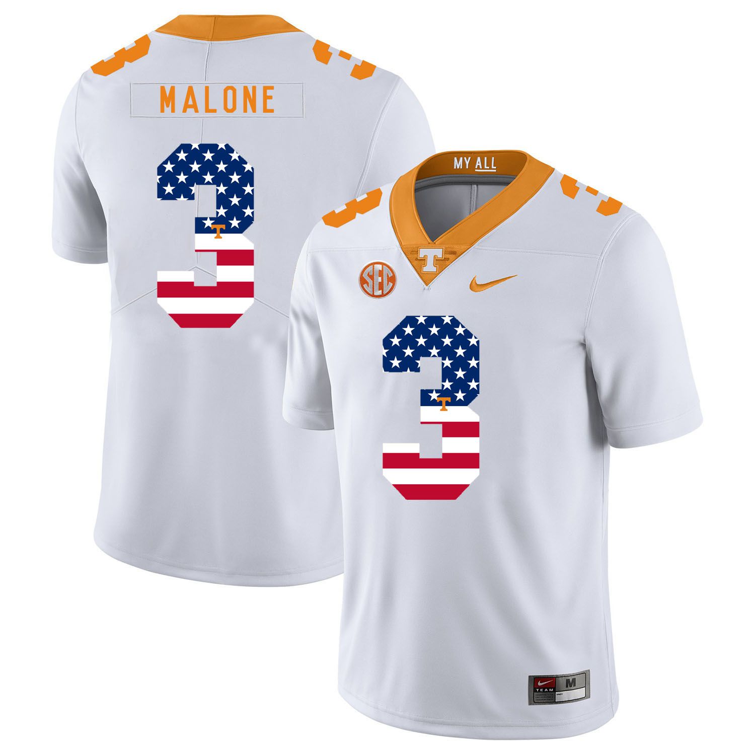 Men Tennessee Volunteers #3 Malone White Flag Customized NCAA Jerseys